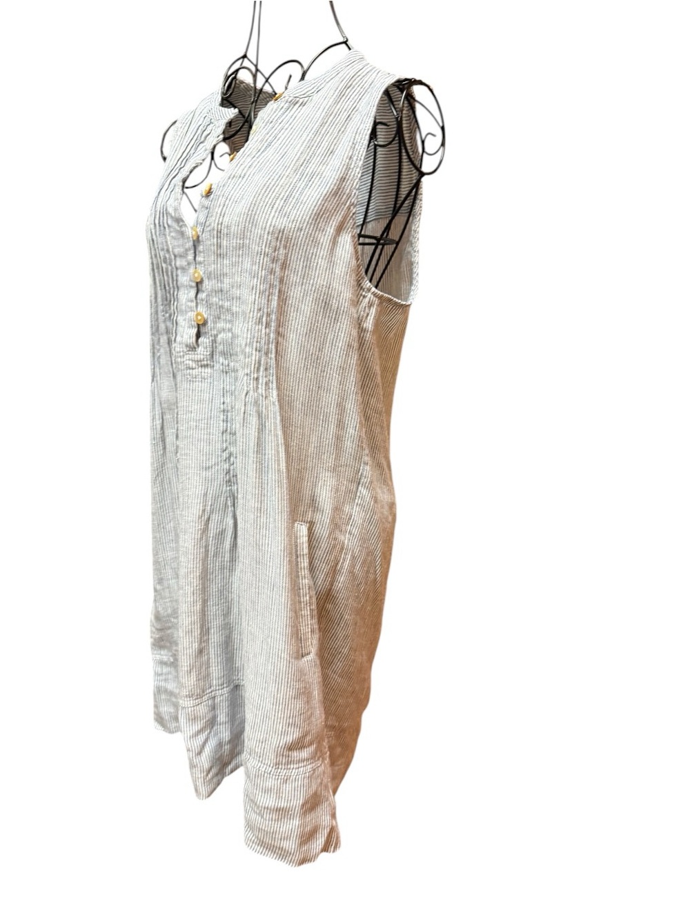 Quince Linen Sleeveless Striped Linen Tunic Dress - Blue Stripe - Picture 5 of 10